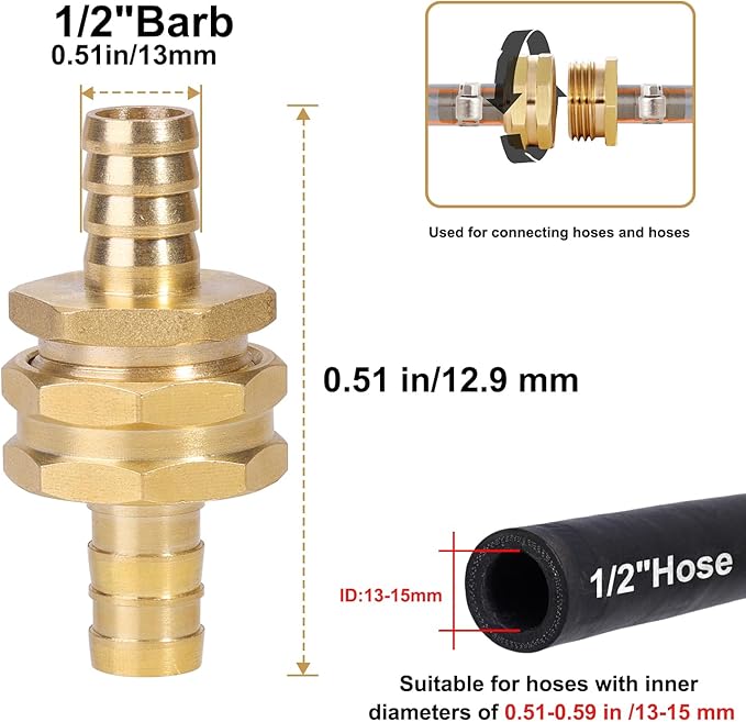Garden Hose Repair Connector with Clamps Hose End Repair Kit, 1/2"Barb Garden Hose Fittings Male and Female brass garden hose ends (1/2"Barb-2 Set)
