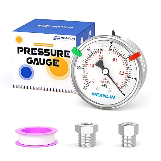 MEANLIN MEASURE -30inHG~0Psi Vacuum Pressure Gauge 316 Stainless Steel Joint 1/4" NPT 2.5" FACE DIAL, Liquid Filled Pressure Gauge WOG Water Oil Air Back Mount with Stainless Steel Hex Bushing, Snaps