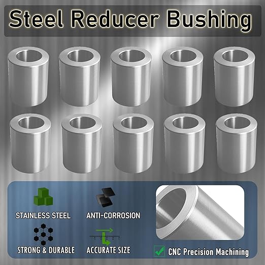 Stainless Steel Reducer Bushing, Screw Standoff Metal Spacer 1/2" to 1/4" Steel Reducer Standoff Bushing Adapters for 1/4"&M6 Screws Bolts and Rods, Round Metal Stainless Steel Spacer Set of 10