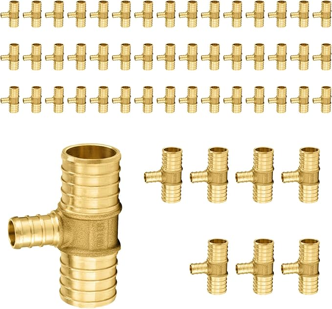50-Pack PEX Fittings Niikappu 1"x1"x1/2" Pex Tee, Brass Crimp Pipe Fittings for PEX Pipes, ASTM F1807
