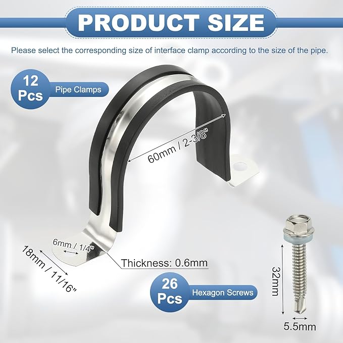 PATIKIL 12Pcs Pipe Clamps, 2-3/8 Inch 304 Stainless Steel Rubber Cushioned U Bracket Conduit Clamps Pipe Strap Wire Clips with Hexagonal Screw for Tube Hose Cord Installation, 60mm
