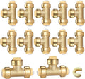 HeSun 12-Pack Pushfit Tee, 3/4"x3/4"x3/4" Push to Connect Plumbing Fittings with Disconnect Clip, Brass Push-fit Fittings for PEX, Copper, CPVC, PE-RT Pipes