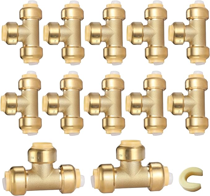HeSun 12-Pack Pushfit Tee, 1/2"x1/2"x1/2" Push to Connect Plumbing Fittings with Disconnect Clip, Brass Push-fit Fittings for PEX, Copper, CPVC, PE-RT Pipes