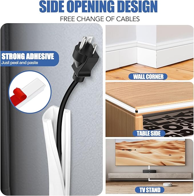 Floor Cable Cover, Low Profile Cable Hider for Wires, Self Adhesive Cord Hider for Wall, Cord Covers Wall Mounted Tv, for Offices, Gym, Exhibitions (White, 10 Feet)