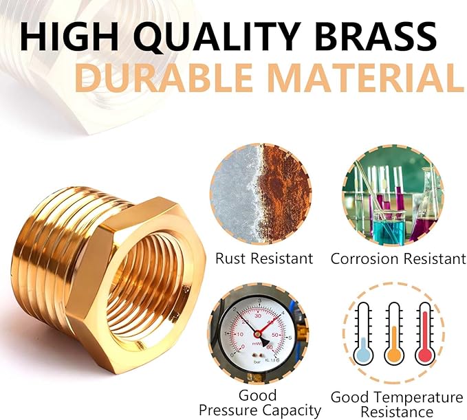 1/2" NPT Male to 3/8" NPT Female Brass Hex Bushing Reducing Bushing Pipe Fitting, Brass Fitting Reducer Adapter 3 Pack