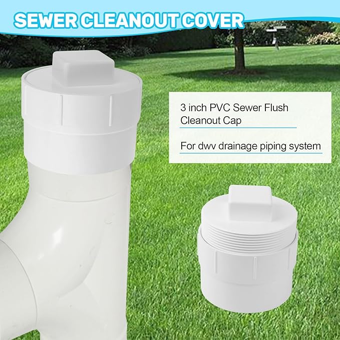3" PVC Sewer Cleanout Adapter with Plug Pipe Fitting, PVC DWV Flush Sewer Cleaning Cap for Outdoor Garden and Garage Drainage Systems