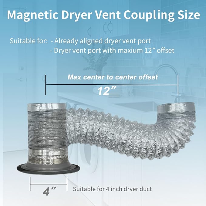 Magnetic Dryer Vent Coupler Self-connect Self-align Dry Vent Connector 4inch, Air Tight Seal with Hose Support, 0-12" Center to Center Offset, Easy Install