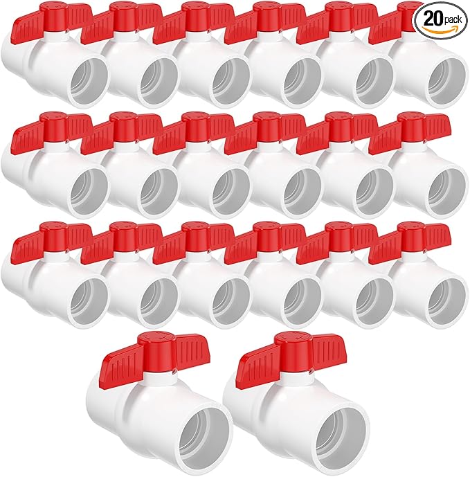 20PCS 1/2" PVC Ball Valve, Red T-Handle, Slip PVC Water Pipe Valve, Shut-Off Socket for Swimming Pool, Sprinkler Lines, Outdoor Plumbing & Irrigation System