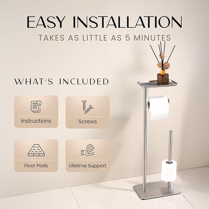Day Moon™ Brushed Nickel Toilet Paper Holder Free Standing Toilet Paper Holder with Storage - Toilet Paper Stand and Tissue Holder for Bathroom - Toilet Paper Holder with Shelf and Wipe Holder
