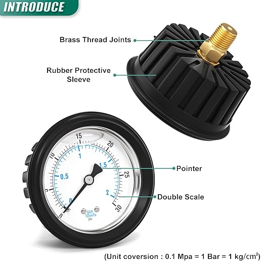 0-30PSI Stainless Steel Liquid Filled Pressure Gauge, 2.5" Dial Size, 1/4" NPT Back Mount, with Rubber Protective Sleeve, for Tube, Water Pump, Gas, Liquid, Pressure Test