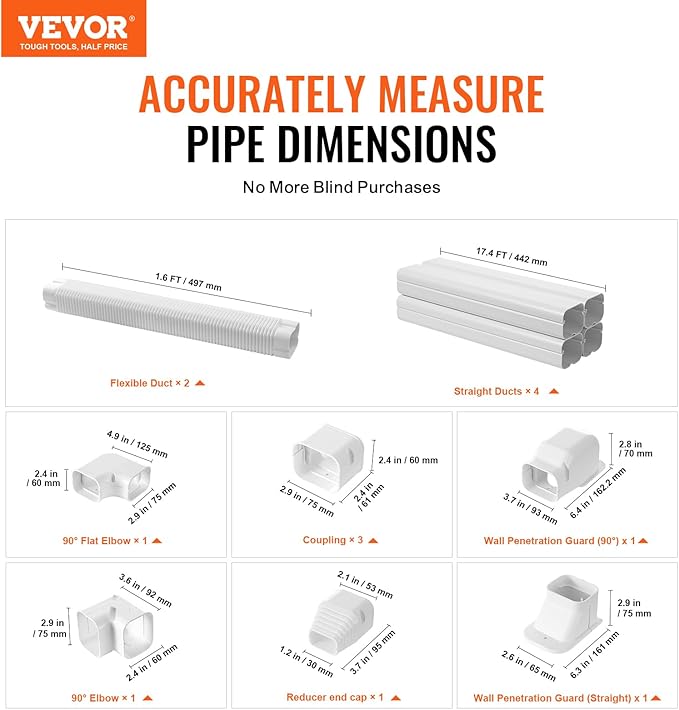 VEVOR Mini Split Line Set Cover 3-inch W 17.6Ft L, PVC Decorative Pipe Line Cover for Air Conditioner with 4 Straight Ducts & Full Components Easy to Install, Paintable for Heat Pumps, White