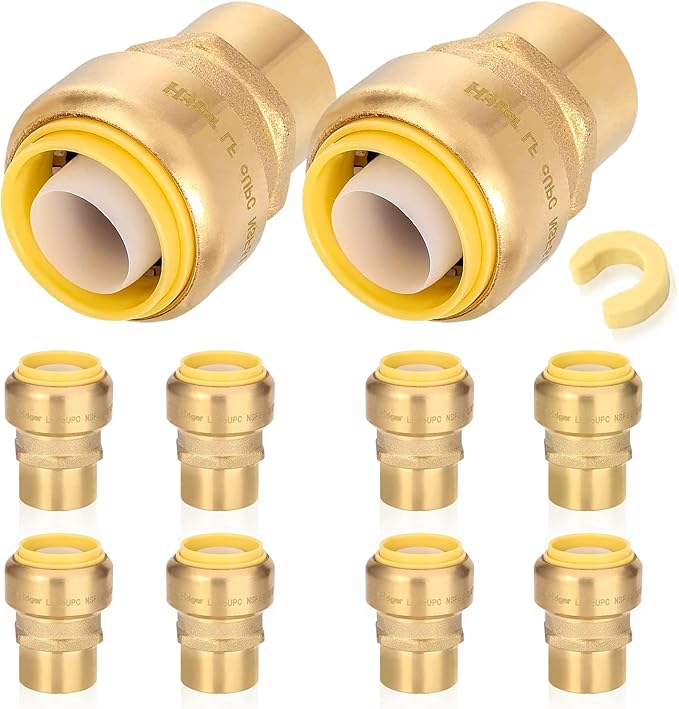 10-Pack HeSun Pushfit Female Adapter, 3/4" FNPT x 1" Push to Connect Plumbing Fittings with Disconnect Clip, Brass Push-fit Fittings for PEX, Copper, CPVC, PE-RT Pipes(PF195-10)