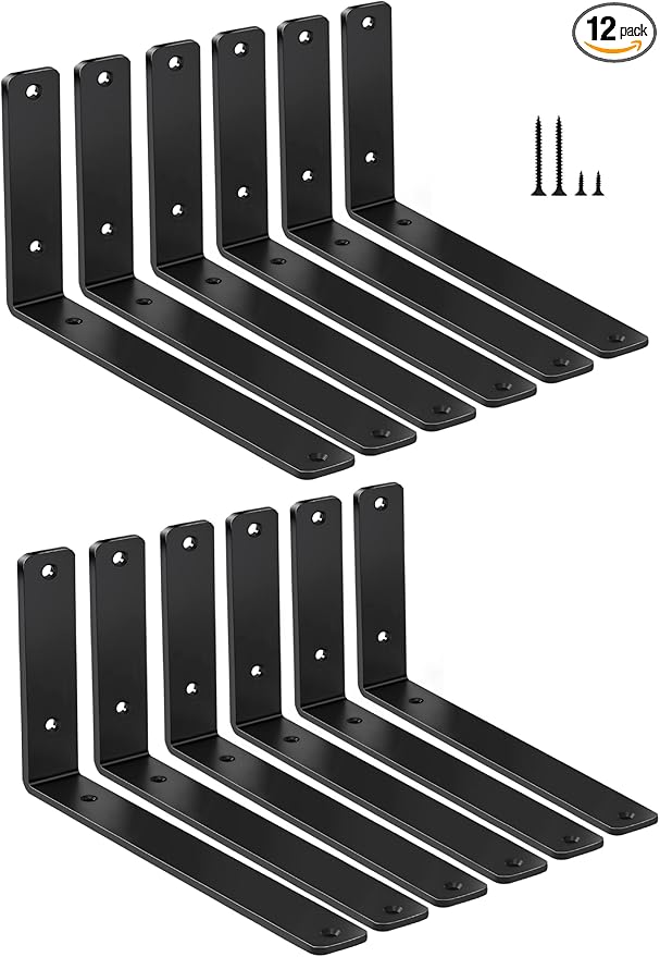 12 Pack - L 10" x H 6" x W1.5, 5mm Thick Black L Shelf Bracket, Iron Shelf Brackets, Metal Shelf Brackets, Floating Shelf, Shelf Supports with Screws
