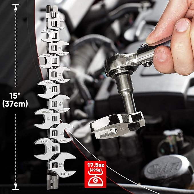SHALL 3/8" Crows Foot Wrench Set, 11-Piece Metric Crowfoot Wrench Set with Clip-on Organizer, 10-22mm, Tools for Mechanics, Access Fasteners in Tight Spaces