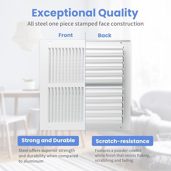 12 x 12 Inch [Duct Opening] Air Vent Covers for Wall or Ceiling - High Airflow 2 Way Steel Ventilation - Adjustable Wall/Ceiling Register, 13-3/4 Inch x 13-3/4 Inch [Overall Dimensions]