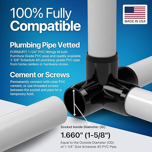 FORMUFIT 1-1/4” 4-Way Tee Furniture Grade PVC Fitting in Black, Made in USA, UV-Resistant, Impact-Proof, 1.660” Actual Socket Diameter (Pack of 4) - F1144WT-BK-4