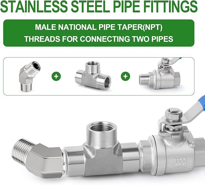 TAISHER 2PCS 304 Stainless Steel 45 Degree Barstock Street Elbow, 3/8" NPT Male x 3/8" NPT Male 304 Stainless Pipe Fitting