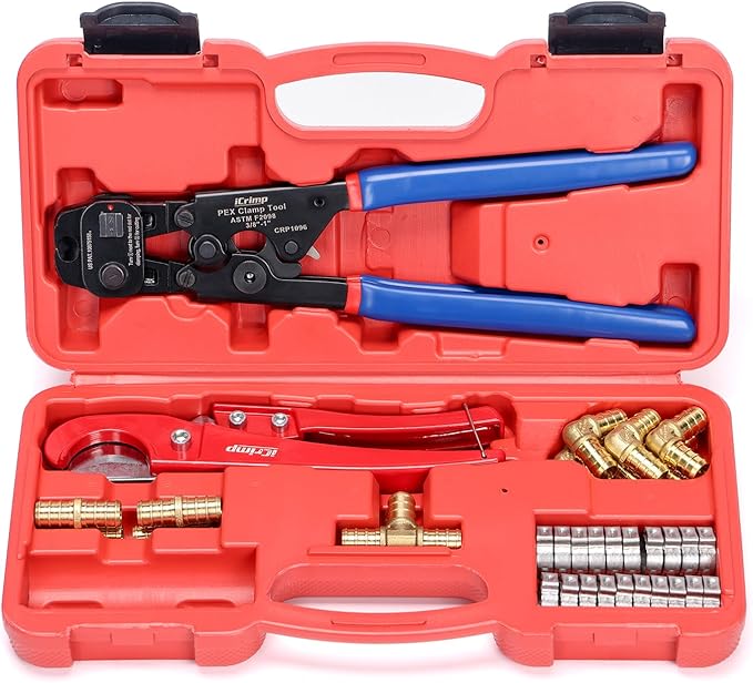 iCRIMP Ratchet Cinch Tool with Removing Function for 3/8 to 1-inch Stainless Steel Clamps and 20pcs 1/2-inch PEX Clamps and 12pcs 1/2-inch Pex Fittings