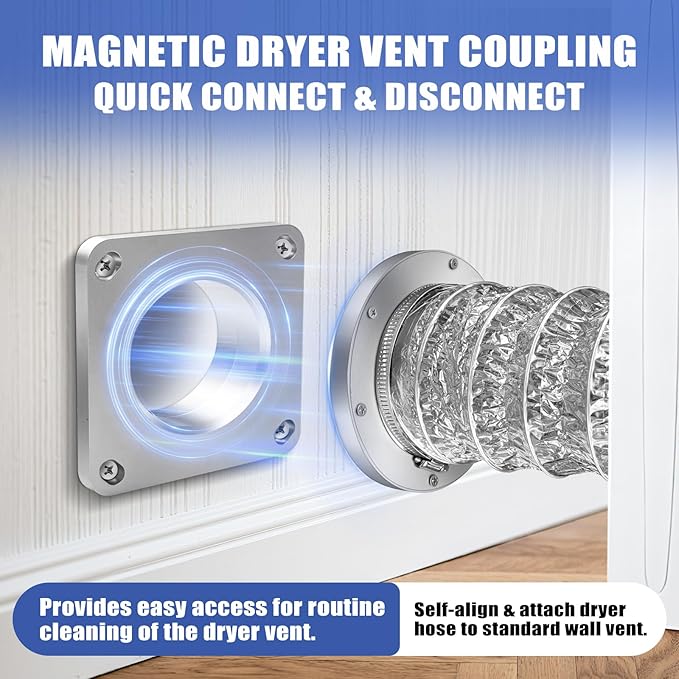Magnetic Dryer Vent Coupler with 4 inch Hose，Magnetic Dryer Vent Coupling for Connection and Disconnection,Magnetic Dryer Vent Connector Kit Strong Magnetic Self-connection(silver）