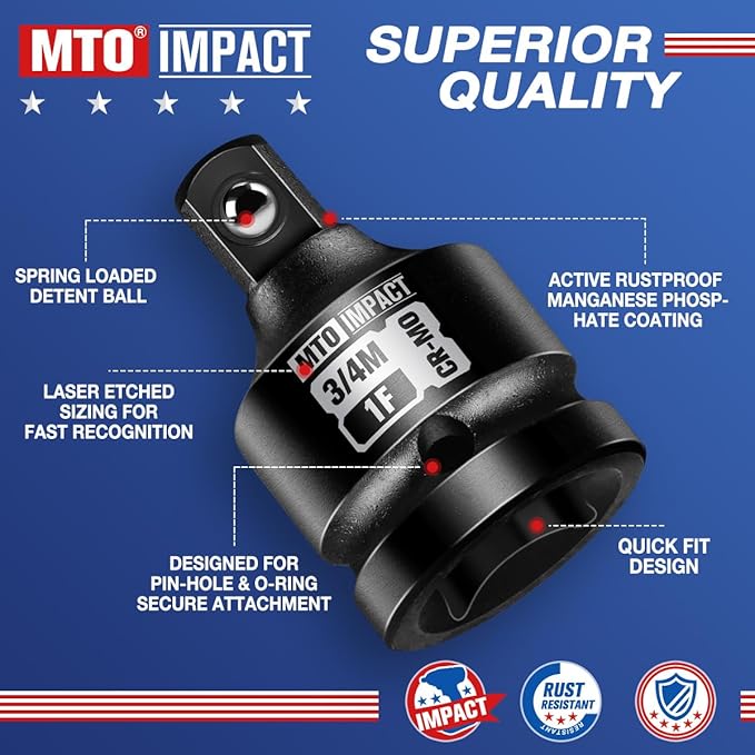 MTO 1" Female to 3/4" Male Impact Socket Adapter, Reducer for Impact Driver Conversions, Chrome Molybdenum Alloy Steel