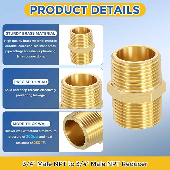 1 Pack Brass Pipe Fittings, 3/4" Male NPT to 3/4" Male NPT Brass Hex Nipple, Male Pipe Adapter Reducer for Air, Oil, LP