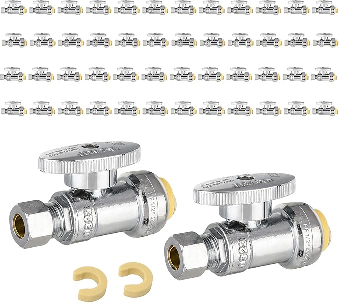 (Pack of 50) EFIELD Push Fit 1/4 Turn Straight Stop Valve Water Shut Off 1/2 Push x 3/8 Inch Compression Chrome with a Disconnect Clip,(PF-VALVE021-50PCS)