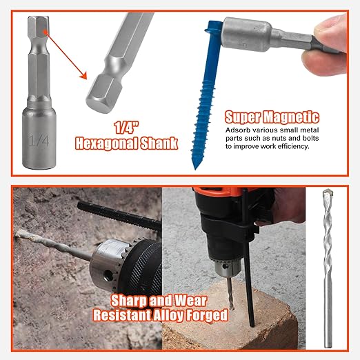 100Pcs 3/16" x2-1/4 Concrete Screws with Drill Bit, Hex Head Concrete Cement Screws Anchor Assortment Kit for Masonry, Block Brick or Stucco