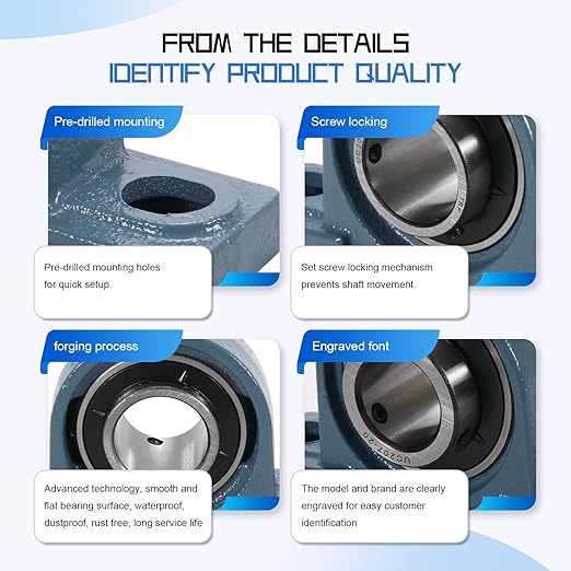 2 Pack UCP207-20 Pillow Block Bearing, 1-1/4 inch Bore Pillow Block Mounted Ball Bearings, Solid Cast Iron Base, Self-Alignment, Heavy Duty