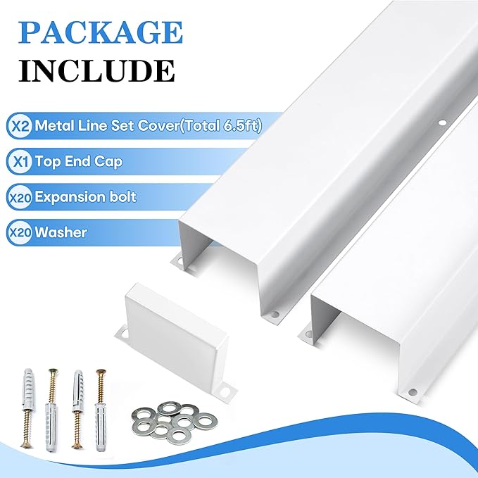 LyPrem 3" W x 6.5Ft L Metal Line Set Cover Kit - Decorative AC Pipe Cover for Ductless Mini Split/Central Air Conditioner/Heat Pump Systems, White