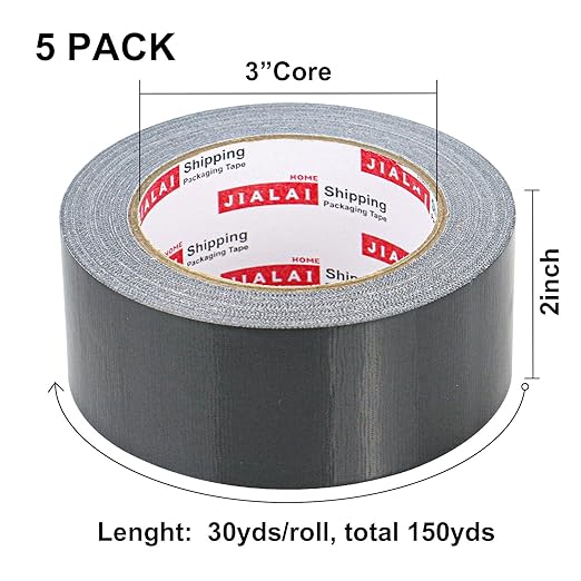 Black Heavy Duty Duct Tape, 2 inches x 30 Yards - 5 Pack, 8.27 mil Thickness, Strong, Flexible, No Residue, All-Weather and Tear by Hand - Bulk Value for Repairs