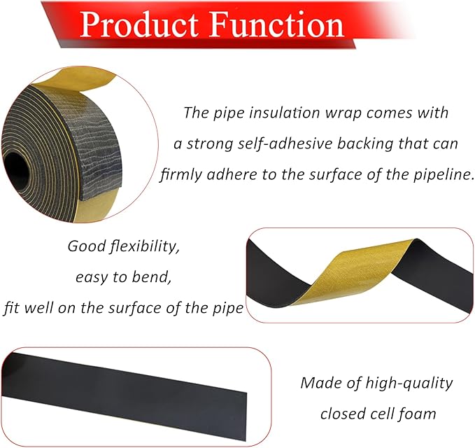 Foam Pipe Insulation Tape 2 Inch x 33 Feet, Self Adhesive Pipe Insulation Wrap Foam Tape 1/8 Inch Thick, AC Line Insulation Tube Cover for HVAC, Indoor and Outdoor Pipes, Protection