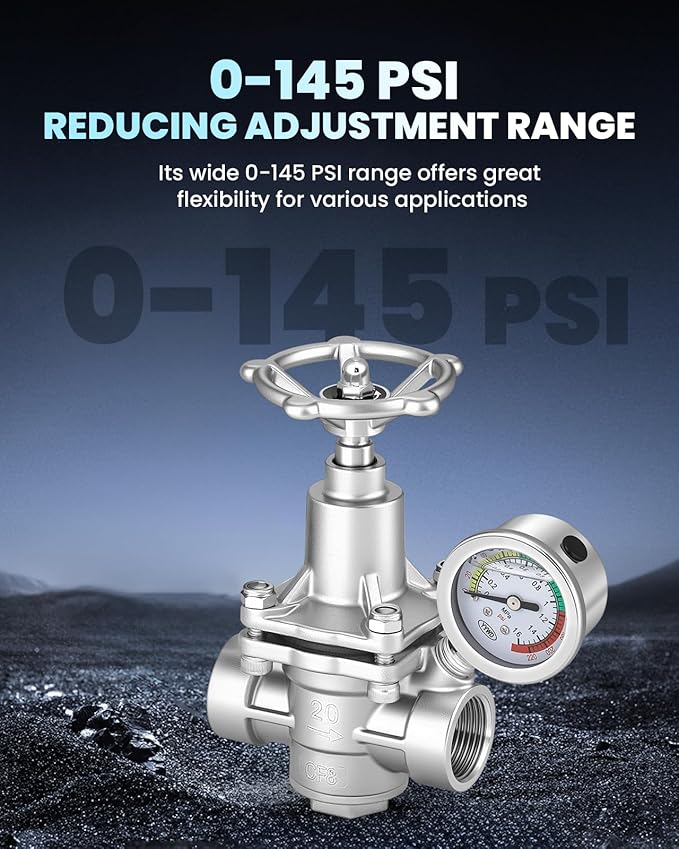 Water Pressure Reducing Valve 3/4 NPT Female Union, Stainless Steel, Pressure Gauge, Handwheel Adjustment
