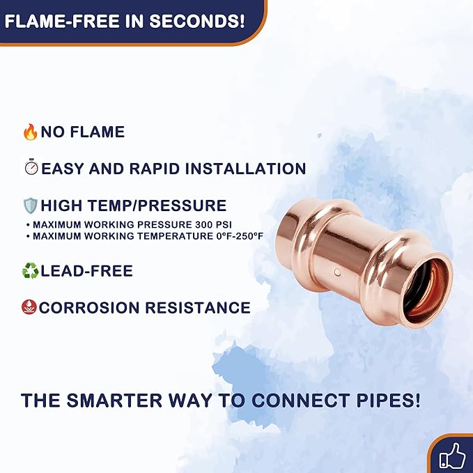 Copper Press Fittings 1 inch x 1 inch Coupling with Stop Zero Lead Pipe Fittings P x P, 5-Pack
