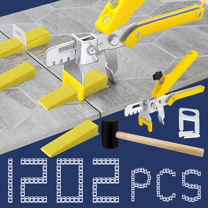 Tile Leveling System with Tile Plier and Rubber Mallet, 1000 Piece Tile Spacers Clips and 200 Piece Reusable Wedges, Tile Leveler Tool Set for Tile and Stone Installation (1/16 Inch）