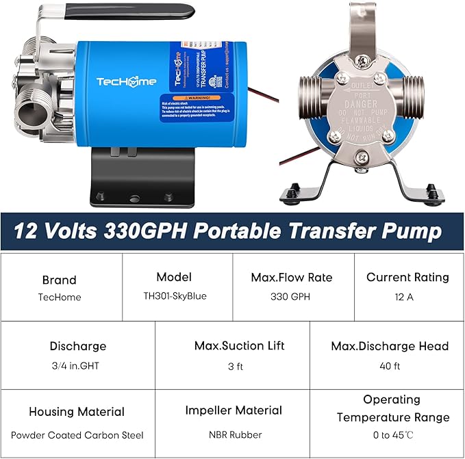 12V Portable Electric Utility Water Transfer Pump, with ON/OFF Switch and Suction Hose Kit.
