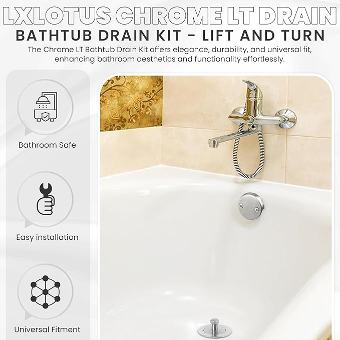 Chrome Bathtub Drain Kit, Lift and Turn - Polished Chrome Tub Drain and Overflow Drain Cover, Plug and Kit for Universal Fit 1-3/8" and 1-1/2" Drains
