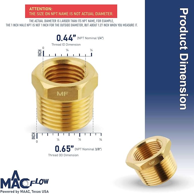 MAACFLOW brass 3/8" Male NPT to 1/4" Female NPT Adapter Reducer Hex Bushing (Thread OD 0.65" - ID 0.44") (pack of 2)