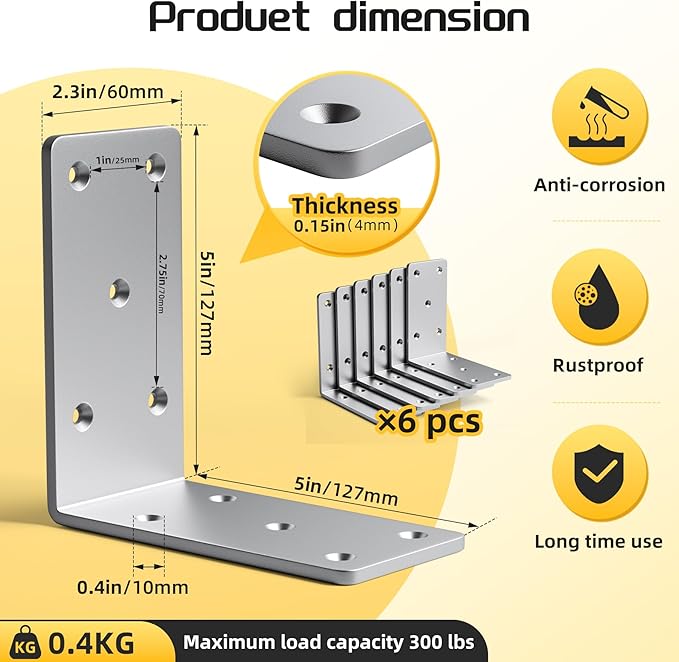 5" X 5"Heavy Duty Shelf Brackets,6PCS L Brackets for Wood,L-Shape Corner Bracket,90 Degree Angle Bracket,Galvanized Corner Brace for Wood Furniture, Bed Frames, Shelving & Timber Projects