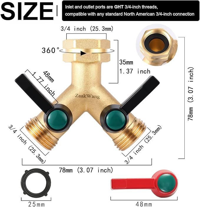 Heavy Duty Solid Brass Y-Way Distributor, 3/4" GHT Thickened Hexagonal Water Inlet, Garden Faucet Splitter, Hose Splitter with 2 More Colors Comfortable Extension Handles.