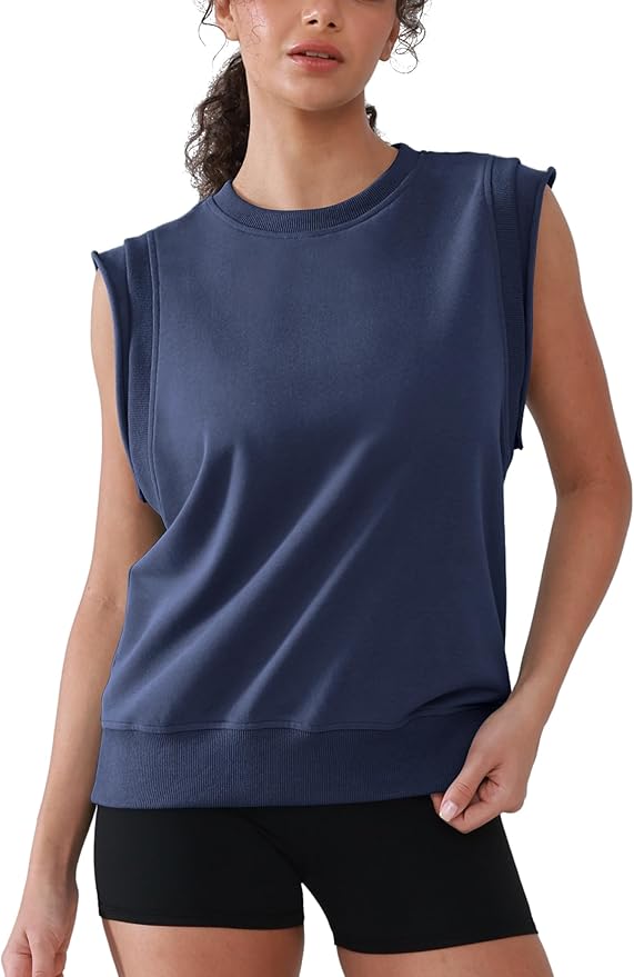 Workout Tank Tops Woman Crew Neck Athletic Tops Cotton Sweatshirt Loose Fit Muscle Tanks Runnning Gym Sports Shirt