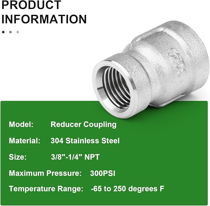 TAISHER 10PCS 304 Stainless Steel Cast Pipe Fitting, Reducer Coupling, 3/8" x 1/4" NPT Female Threaded