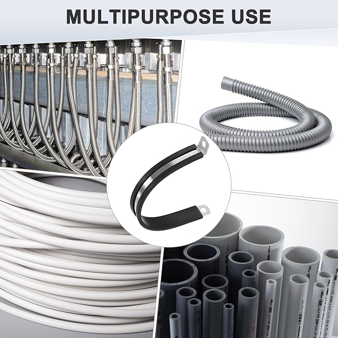 12-Pack Cable Clamps, 2-3/8 Inch/ 60 mm 304 Stainless Steel Rubber Cushioned Insulated Cable Clamp R Shape Metal Holder for Tube/Wire/Pipe/Loop Installation