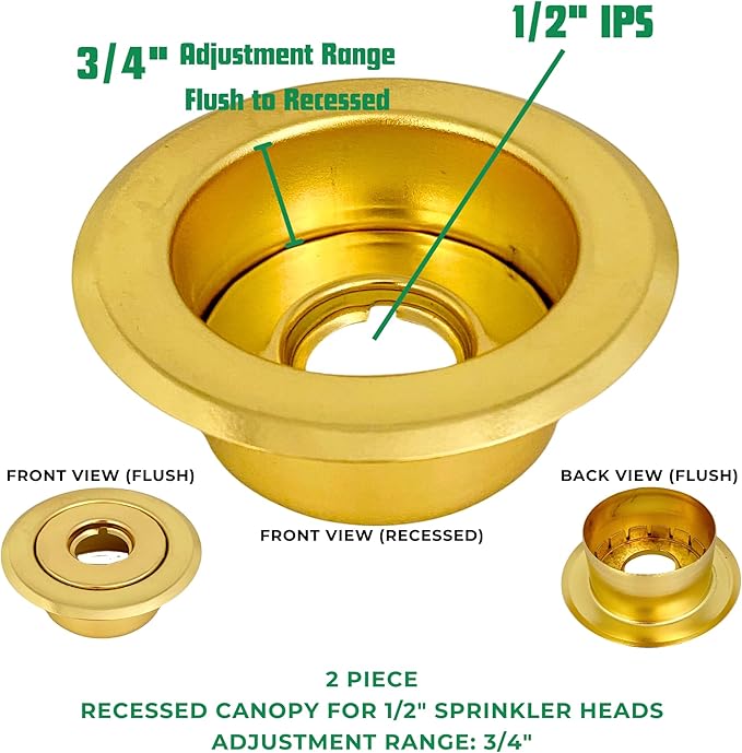 Recessed Fire Sprinkler Escutcheon 1/2 in. IPS - 2 Piece in Brass - Depth Adjustment Range up to 3/4 in. for Fire Sprinkler Trim