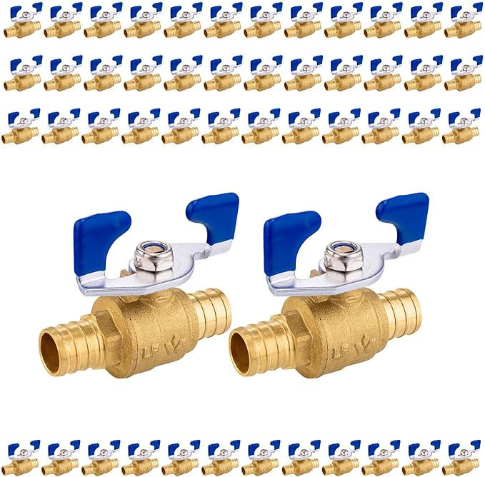 50PCS Foskan 3/4" PEX Crimp Ball Valve, Brass Full Port Shut-off Valve with Blue Butterfly Handle for Portable Water Poject