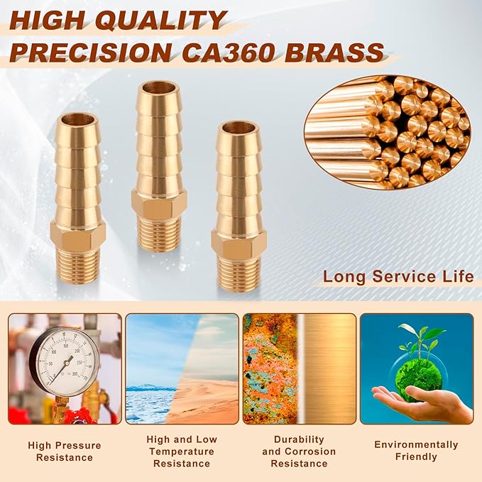 5pcs Brass Hose Barb Fittings 3/8 Inch Barb to 1/8 Inch NPT Male Thread Air Hose Fittings Adapter Connector Water Fuel Air Line Fittings 3/8” Barb × 1/8” NPT Brass Fittings