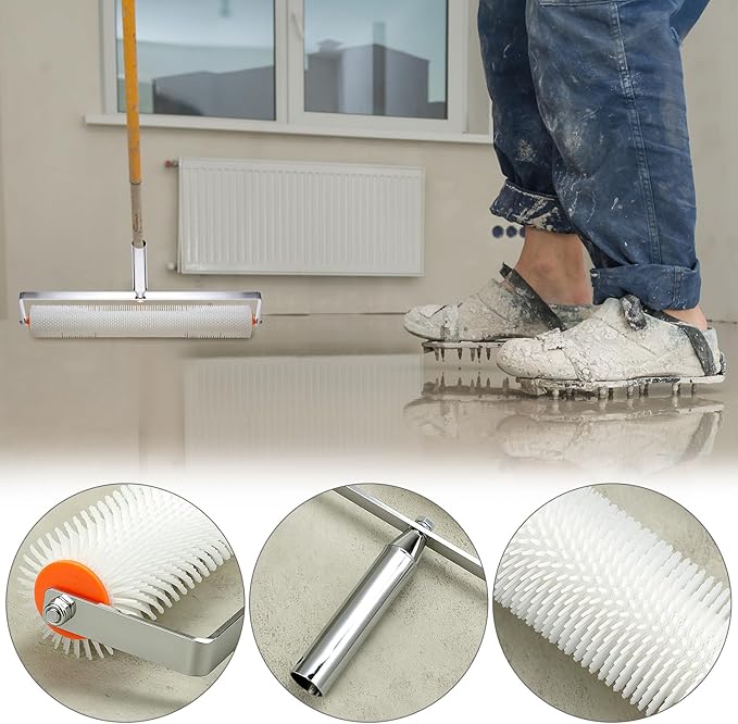 QWORK Self-Levelling Cement Tool Kit, Floor Construction Roller Spike Shoes, Epoxy Floor Paint Tool, Stainless Steel Scraper Self-Leveling Rake