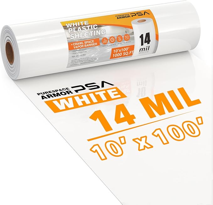 Crawl Space Vapor Barrier, 14 Mil Vapor Barrier, 10'x100', Thick White Plastic Sheeting, Drop Cloth White Vapor Barrier Covering for Crawlspace Encapsulation, Basement, Heavy Duty Polyethylene Film