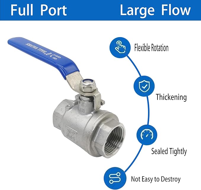 Full Port Ball Valve 3/4" NPT Heavy Duty Stainless Steel 304 For Water,Oil and Gas with Blue Handles（1000WOG）