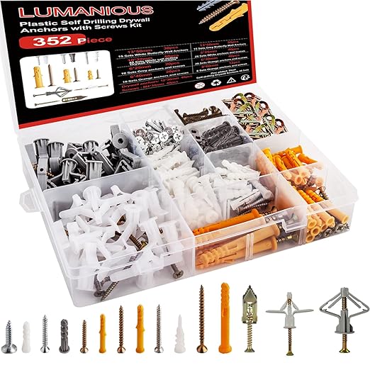 352pcs Self-Drilling Drywall Anchors and Screws Kit, 9 Different Assorted Size, Include Nylon Plastic Wall Anchors,Galvanized Steel Anchors, Screws, Hollow Door Anchors, Holds Up to 75lbs