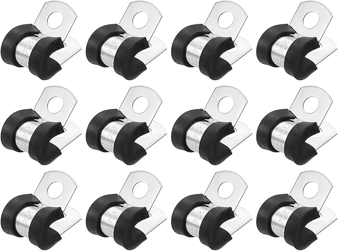 uxcell 1/4"(6mm) Cable Clamp, 304 Stainless Steel Rubber Cushioned Insulated R Shape Metal Clamp Tube Holder for Pipe Hose Wire Cord Installation 12Pcs